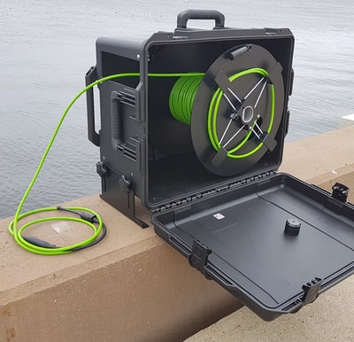 Portable Cables Reels are built inside a Pelican for hand carry. PCRs are  stackable and store electrical power, signal and fiber optic cables for  easy transportation and deployment in the field.